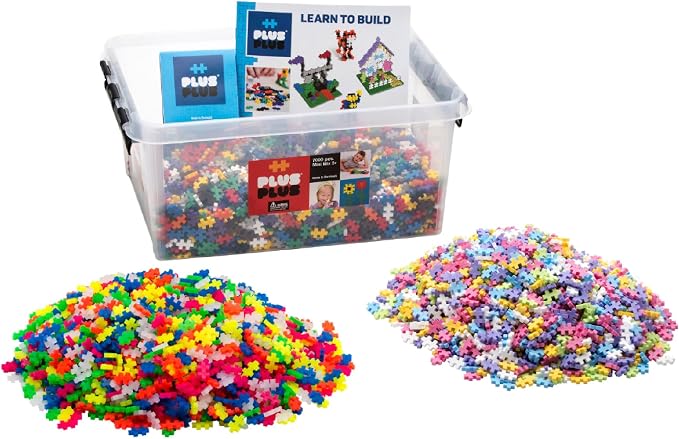 Plus Plus - Open Play Set - 7,000 Piece in Storage Tub - Basic, Neon, & Pastel Color Mix - Construction Building Stem Toy, Interlocking Mini Puzzle Blocks for Kids
