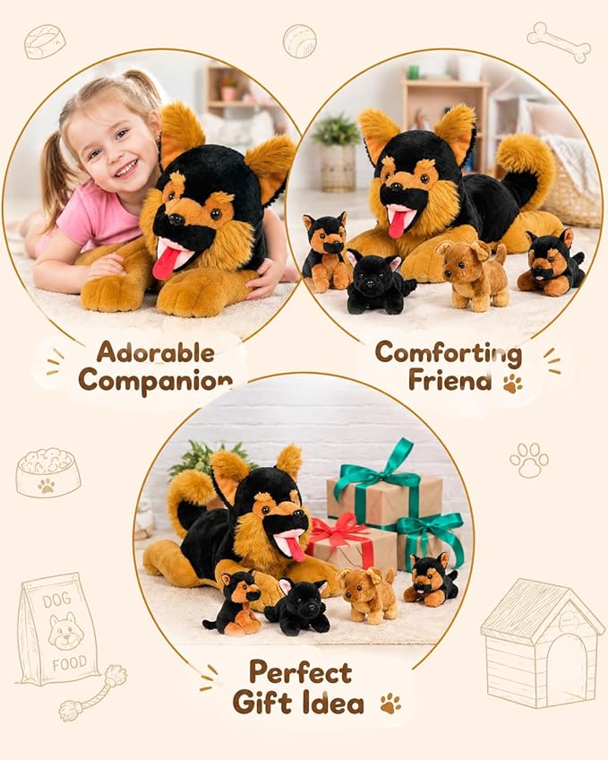 MaoGoLan 5Pcs Giant German Shepherd Dog Plush Toys with 4 Babies, Realistic Soft and Cuddly Stuffed Dog Puppies for Kids, Puppy Lovers