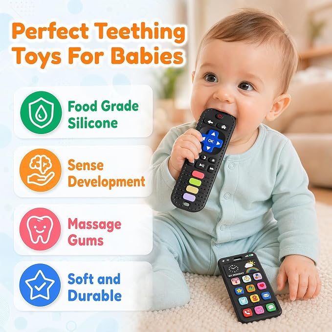 Baby Silicone Phone Teether, Realistic Mobile Phone Teething Toy for Baby 3 6 12 18 Months, Baby's Chew Toys, Food Grade Silicone Teething Toys for Infants, BPA Free, for Babies Gum Relief