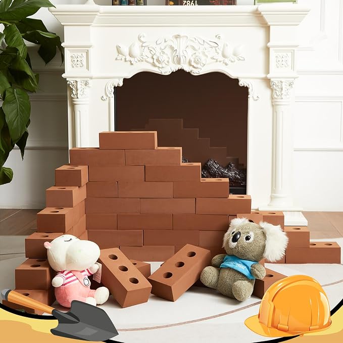 Deekin Foam Brick Building Blocks for Kids Thick Blocks Foam Large Fake Brick Construction Toy for Stacking Construction Gifts, 8 x 4 x 2.4 in(100 Pcs,Circle Holes)
