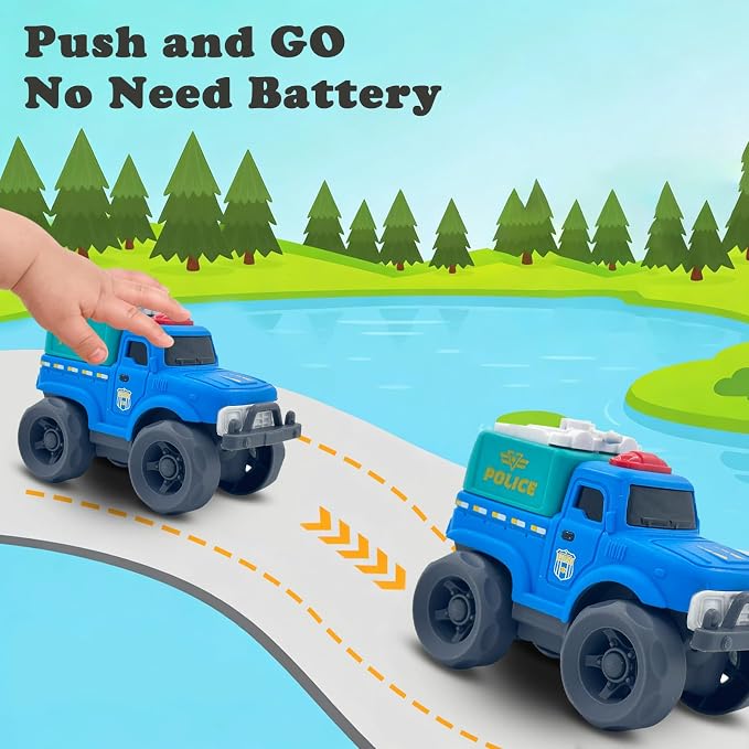 Aigitoy 2 Pack Toddler Cars for 1-3 Years, Police & Fire Truck Set | Construction Vehicles, NO BPA, Phthalates, PVC, Recycled Plastic Toy, 18M+ Outdoor Toys, Xmas Birthday Gift for Boys Girls