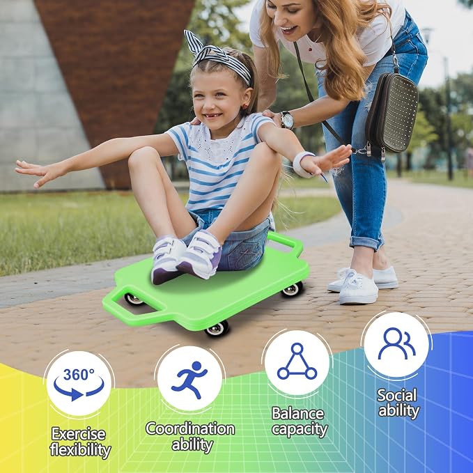4 Pcs Sports Scooter Board with Handles for Kids Non-Marring Plastic Casters Floor Scooter Board Sitting Scooter Board Boy Girl Gym Indoor Outdoor Activities Play Equipment