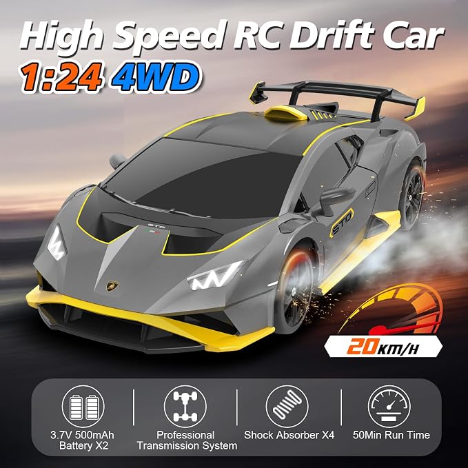 YONCHER RC Drift Car, Remote Control Car for Kids Lamborghini Officially Licensed, 1:24 20KM/H 4WD RC Cars with Lights, Fast Racing Toy Car for Boys Girls, Gray