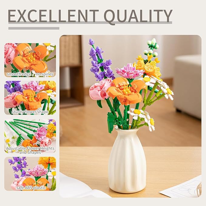 15PCS Flower Bouquet Building Set, 523PCS Floral Blocks Toy for Kids