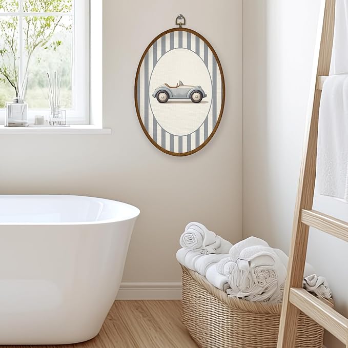 WULQYING Car Boy Nursery Wall Art Decor, Kids Oval Framed Canvas Art Prints, Neutral Blue Striped Car Vehicle Wall Hanging Decor for Kids Boy Nursery Room Bedroom Playroom, 8.5x11.4 Inches
