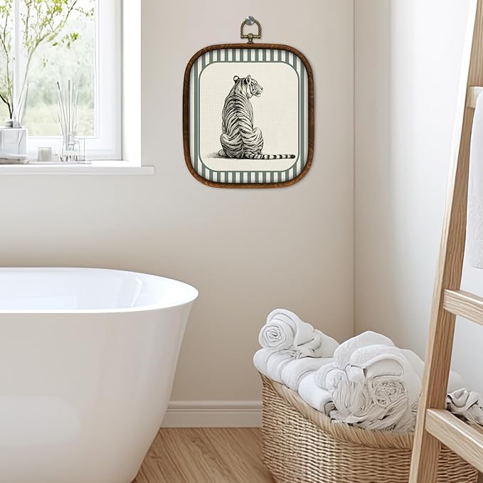 WULQYING Vintage Sitting Tiger Wall Art Decor, Retro Animal Theme Square Framed Canvas Art Prints, Modern Tiger Gifts Wall Hanging Decor for Gallery Home Living Room Apartment, 5.7x6.5 Inches
