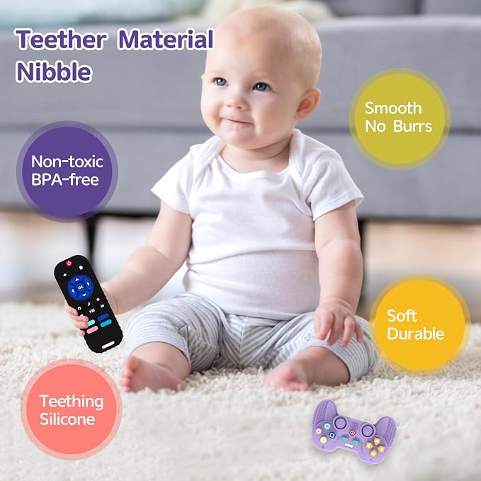 2 Pack Silicone Teethers for Babies 6-12 Months, Teething Toys for Babies 0-6 Months, Remote Teether for Baby, Sensory Toys for Baby,Toddler Infant Girl Boy Gifts