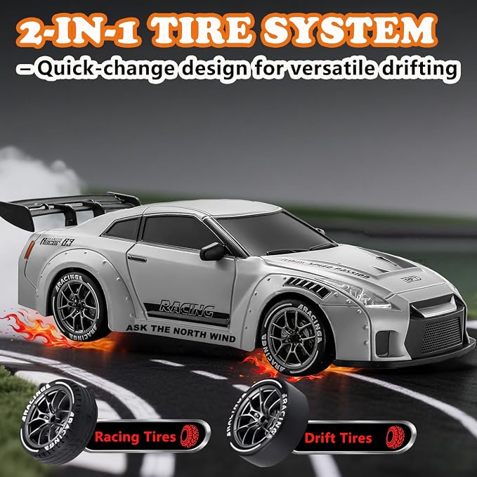 RC Drift Car, 1:24 Scale Remote Control Vehicle with LED Lights,Drifting Tires＆Two Batteries, Racing Sports Toy Idea Gift for Adults Boys Girls and Kids Galactic Silver
