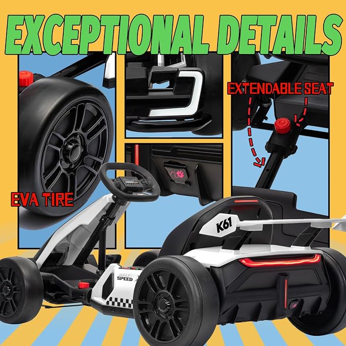 KerryYoo K61 Go Kart Electric Drift Kart with Length Adjustable Seat, 24V Outdoor Ride on Toy with 4 Speed Mode, Crazy Kart for Kids 6-12 Years Old, Fast 300W Motor, 8.5 MPH, Bluetooth - White
