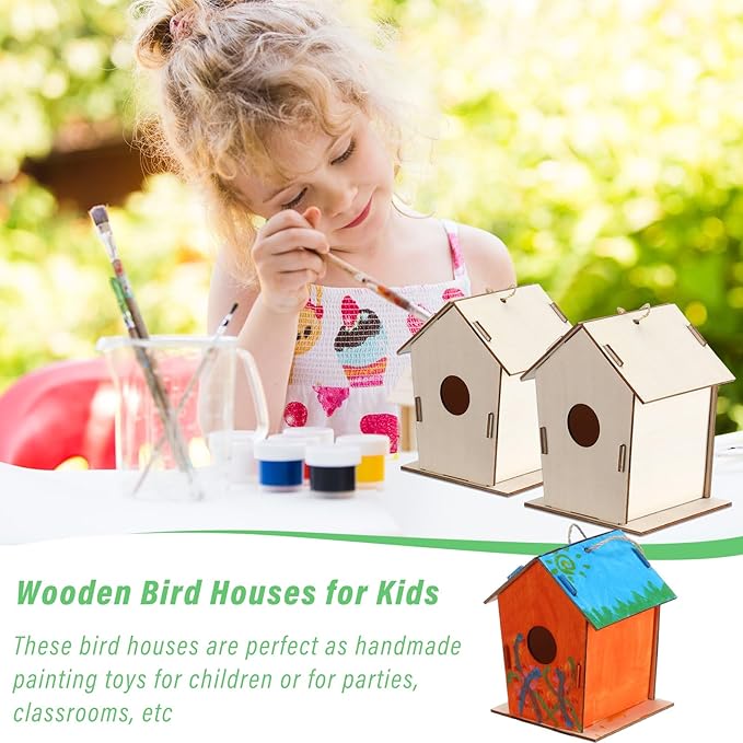 DoubleFill 120 Pcs 4.33" Wooden Bird Houses Crafts Kit for Kids DIY Unfinished Hanging Birdhouse for Art Painting Wood Toys Boy Girl Class Back to School Classroom Project Parties Creative Activity
