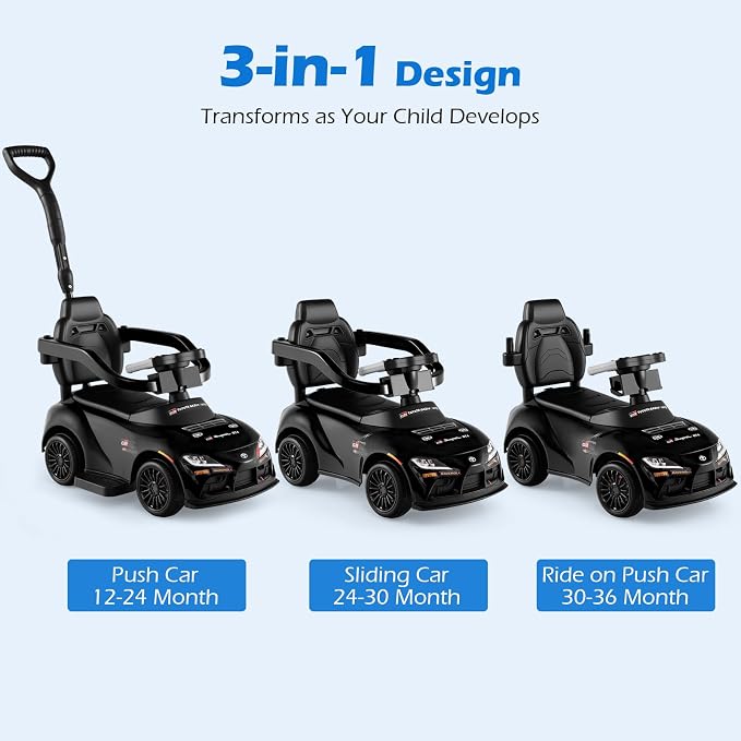 Licensed Toyota Ride on Push Car for Toddlers by INFANS, 3 in 1 Walking Sliding Toy with Removable Guardrails and Handle, Music, Under Seat Storage for Kid (Dark)