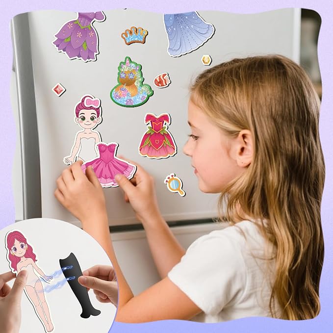 SOOVSY Magnetic Dress Up Dolls for Girls Ages 4-8, Princess Mermaid Fairy Ballerina Dress-Up Magnets with DIY Foil Art Craft Kit, Screen-Free Travel Activity Toy & Creative Gift for Kids