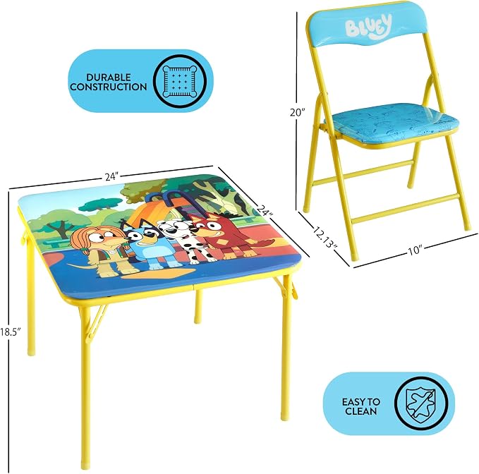 Bluey Kids Table and Chair Set, 3 Piece Folding Activity Set with Square Table & 2 Chairs,Furniture for Playroom, Crafting, Ages 3+