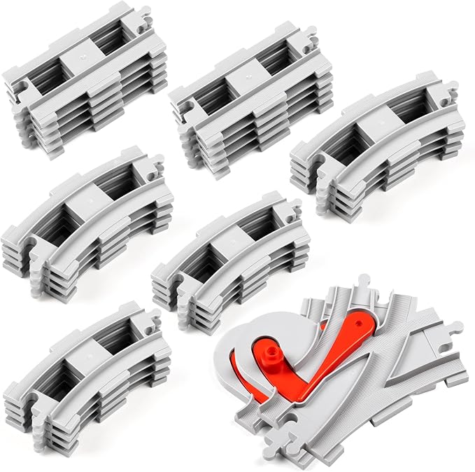 MANNIDOO 32 Pieces Train Tracks, Classic Railway Track with 20 Curved Tracks, 10 Straight Tracks and 2 Switches Tracks - Compatible with All Major Brands, Toy Track Accessory for Kid, Light Grey