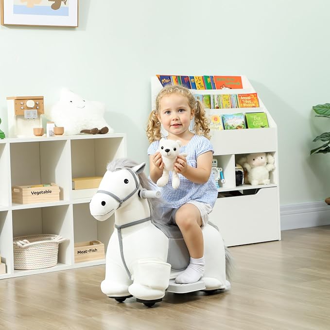 Qaba 6V Kids Ride on Horse, Battery Powered Ride on Toy, Electric Riding Pony with Bear Toy, Music, Soft Touch, PU Wheels, Foot Pedal, Forward, for Girls Boys Aged 1.5-5 Years, White