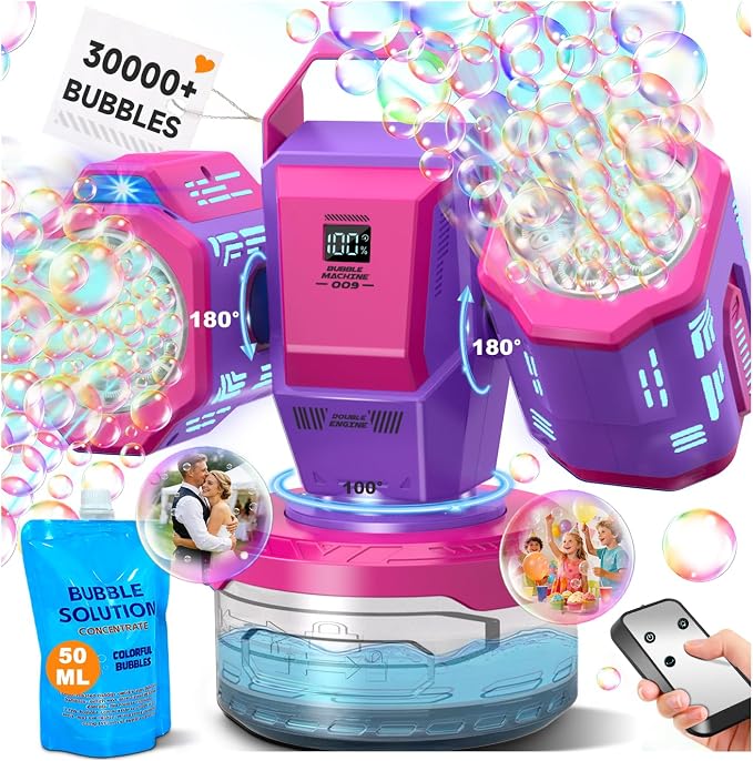 Rechargeable Bubble Machine with RGB Lights: 30,000 Bubbles/Min Storm, Auto 360° Rotation, Battery% Display - Remote Control Bubble Maker for Romantic Wedding, Kids Party & Outdoor Events