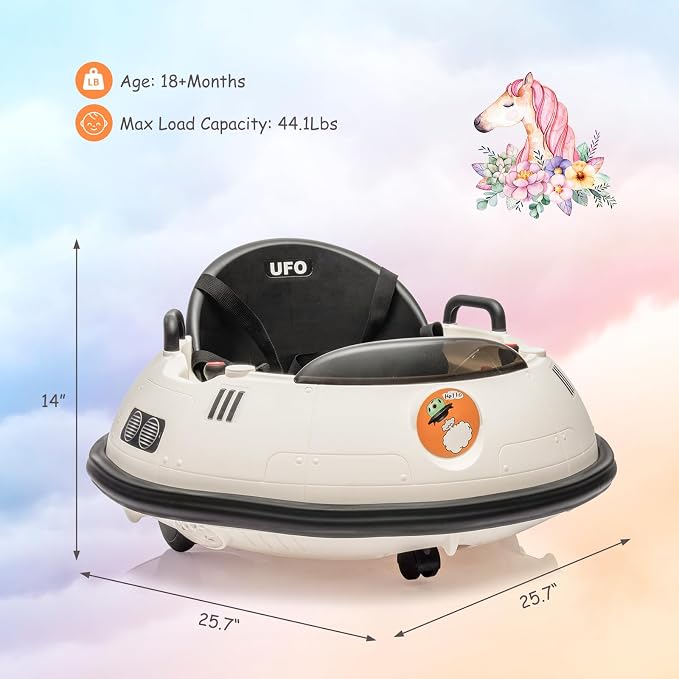 Ride On Bumper Car, 12V Electric Toddlers Car with Remote Control, Safety Belt, Music, Flashing Lights, 360 Degree Spin, Bumper Car for Toddlers,Kids,White