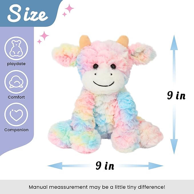 Hopearl Adorable Plush Cow Toy Colorful Floppy Dairy Cattle Soft Stuffed Animal Cute Birthday Holiday Gift for Boys Girls Kids Toddlers, Rainbow, 9''