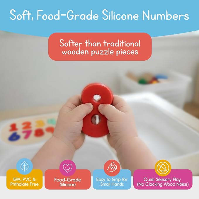 7 Days of Play Number Puzzle for Kids, Sensory Bin Insert for Sensory Tables, Silicone Numbers, Wooden Fine Motor Learning Toy