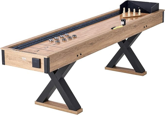VEVOR Shuffleboard Table, 9 ft Shuffleboard for Family Game Rooms, 2 in 1 Shuffleboard and Bowling Combo Game Set, with Scratch-Resistant Playfield, Legs, 8 Pucks, Bowling Set, Wax, and Table Brush