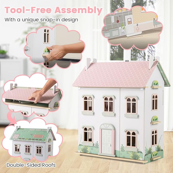 HONEY JOY Doll House, 3-Story Wooden Dollhouse Playset w/Double-Sided Roofs, 5 Rooms, 19 Accessories & Miniature Furniture, Pretend Play Toddler Big Doll House, Gift for Kids Aged 3+ (Pink, 2.2 FT)