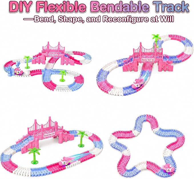 Race Car Tracks Toy Set for Girls Age 3-8, 214PCS Pink Princess Cars Toys | with Monster Truck & Magic Bendable Train Tracks, Flexible DIY Raceway Set for Toddler Girls Christmas Birthday Gifts