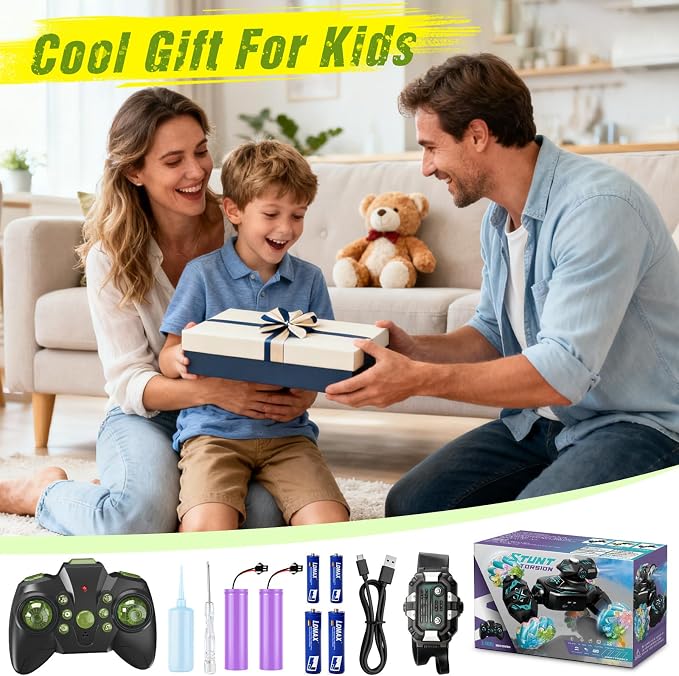 Gesture Sensing Remote Control Car, RC Cars Toys for Boys Age 6-12, 4WD Hand Controlled Twist & Transform 360° Spins Stunt Car with Mist, Light & Music, 8-10 Year Old Boys Birthday Gift Green