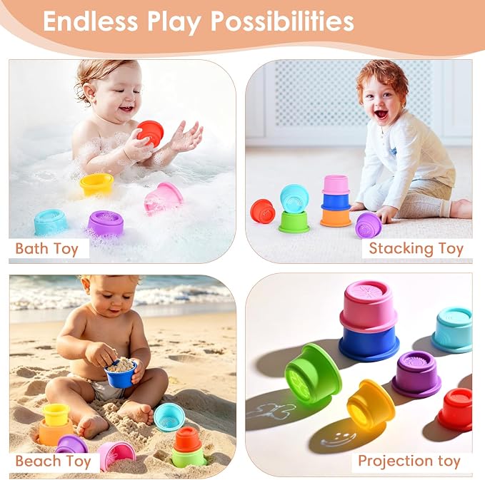 ZYFLSQ Stacking Cups Baby Toy 8 Pcs, Nesting Cups for Babies 6 Months+, Bath Toys with Pattern for Kids, Montessori Educational Toys for Toddler