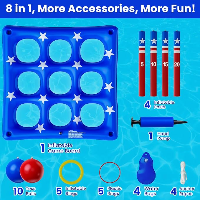 Pool Party Toys Games Set - Giant Inflatable Tic Tac Toe Float Game, Outdoor Pool Games for Adults Kids Family Pool Toys for 2-10 Players, Fun Swimming Beach Yard Activities with 10 Balls for Ages 6+