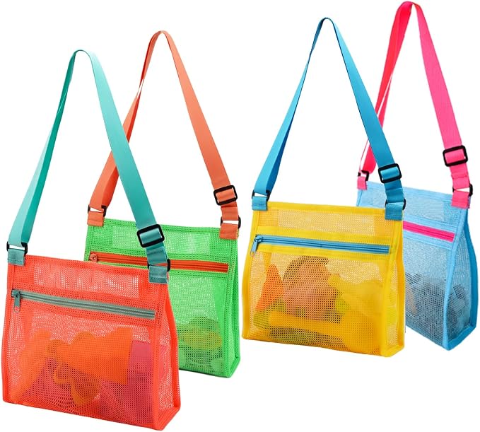 MUYIZI Mesh Beach Bag for Shells Collecting 4 Pack,Shell Bags for Beach,Sea Shell Bags for Picking Up Shells,Beach Shell Bag for Kids, Sand Toys,Beach Toys Swimming Accessories for Boys and Girls