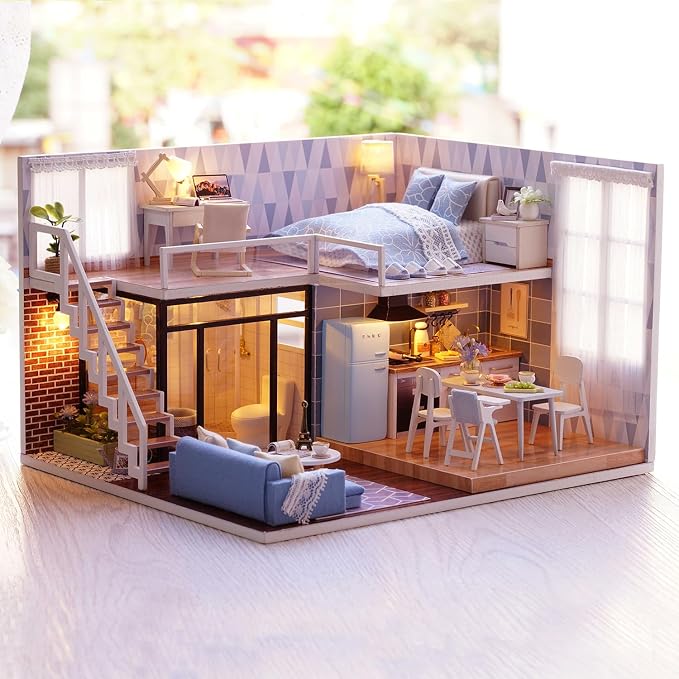 TuKIIE DIY Miniature Dollhouse Kit with Furniture, 1:24 Scale Creative Room Mini Wooden Doll House Accessories Plus Dust Proof & Music Movement for Kids Teens Adults(Blue Times)