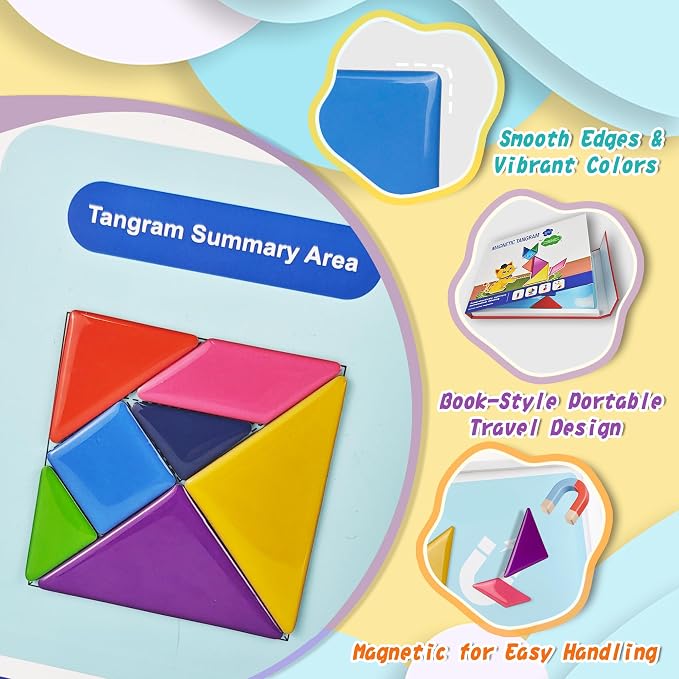 Magnetic Tangram for Kids Ages 4-8 with 30 Theme Pages & 368 Solutions Patterns Booklet & Metal Board, Magnetic Tangrams Puzzle for Kid, Magnet Tangrams Puzzle, Tangram for Kids Ages 4-8
