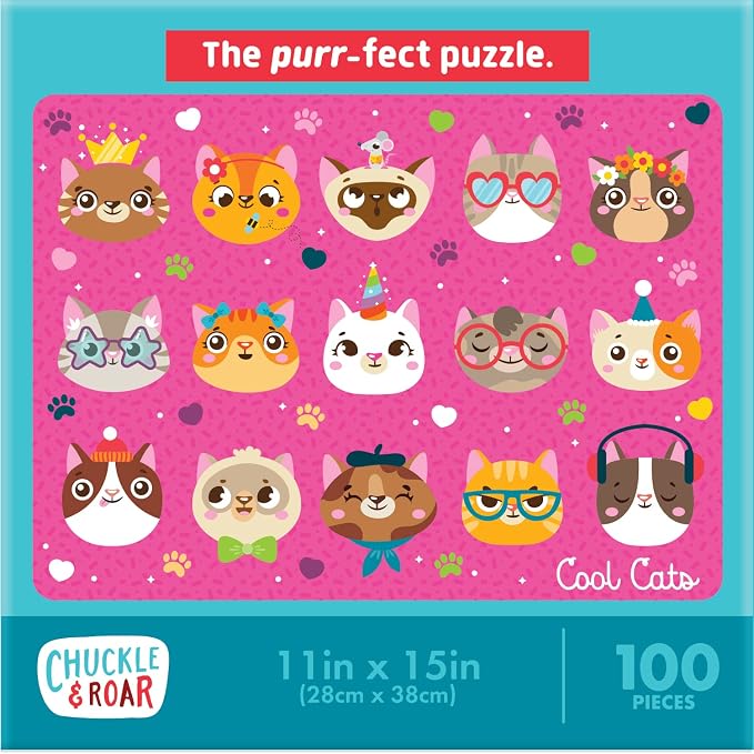 Chuckle & Roar - Cool Cats Glitter 100 Piece Jigsaw Puzzle for Kids Ages 6+ - Educational Puzzle with Glitter Accents - Fine Motor Skills and Screen Free Fun - Giftable Kids Puzzle 11 x 15 Inches