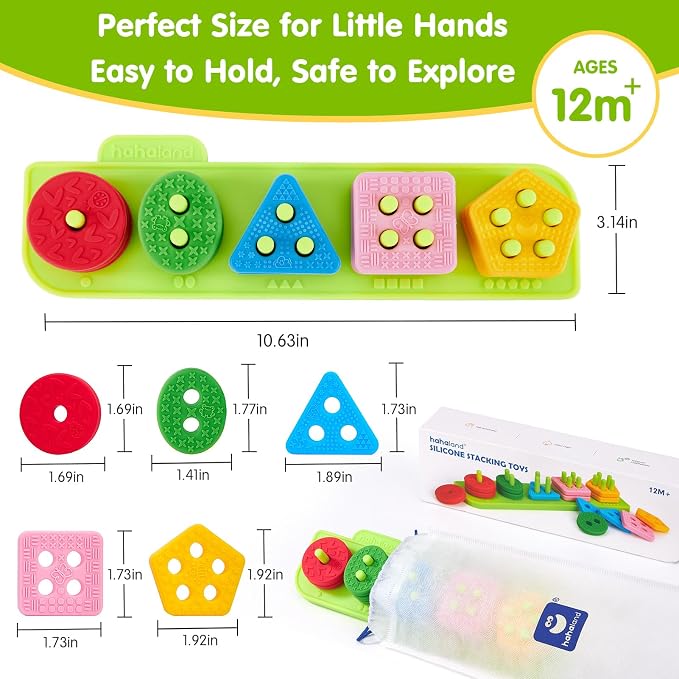 hahaland Silicone Sorting & Stacking Toys Toddlers 1-3 - Montessori Sensory Toys for 1 Year Old, Textured Soft Blocks for Shape & Color Sorting Learning Baby Toys 1 Year Old Boy Gifts Girl Sorter Toy