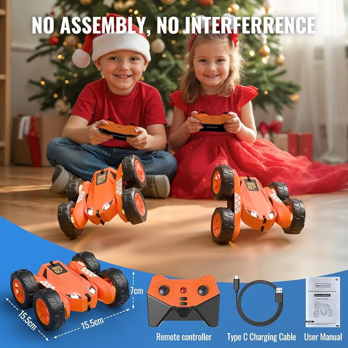MaxTronic Fast Direct Charging Remote Control Car with LED，Exclusive Dual USB-C Charging for Car & Controller - 2.4Ghz 15km/h 360° Flips Rotations 4WD RC Stunt Car Fully Rechargeable for Kids 3-12