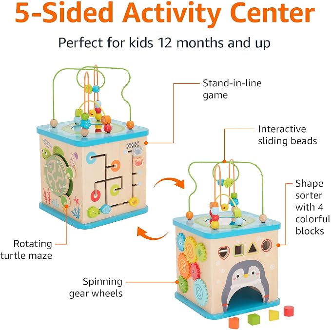 Amazon Basics Kids Wooden Activity Cube, Educational Learning Toy with Bead Maze and Shape Sorter, Developmental Fine Motor Skills, Gift for Toddlers Age 12M+, Multicolor, 13.4x22.5x13.4inches