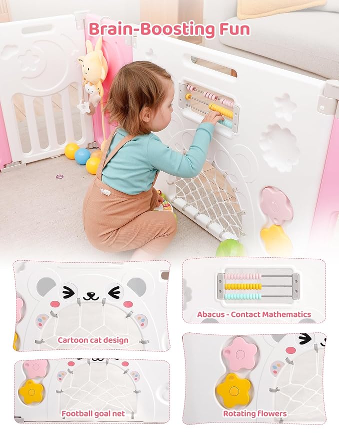 Dripex Baby Playpen, 18-Panel Foldable Playard for Toddlers 6-36 Months, Adjustable & Portable Indoor Outdoor Safety Play Area with Anti-Pinch Design, Game Panel and Safety Gate, Pink White