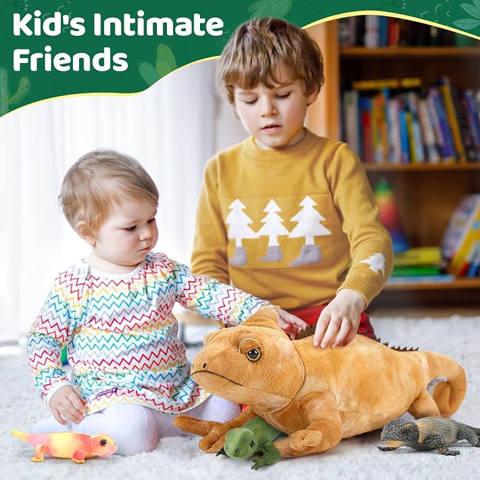 5Pcs Giant Lizard Plush, 27" Mother Iguana Stuffed Animal with 4 Baby Lizard Plushies, Bearded Dragon Plush Toy for Kids Reptile Lovers, Yellow Stuffed Chameleon for Christmas Birthday Gift