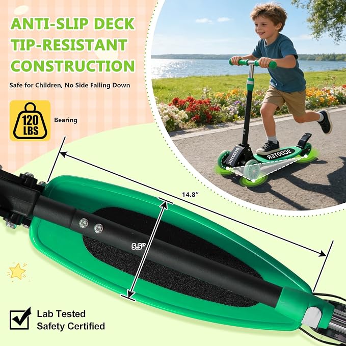 3 Wheel Scooters for Kids 2-5 5-7 Years, 4 Adjustable Heights Foldable Metal Toddler Scooter for Boys Girls Up to 120 lbs, Lean-to-Steer, Dual Rear Brake Widen Anti-Slip Deck