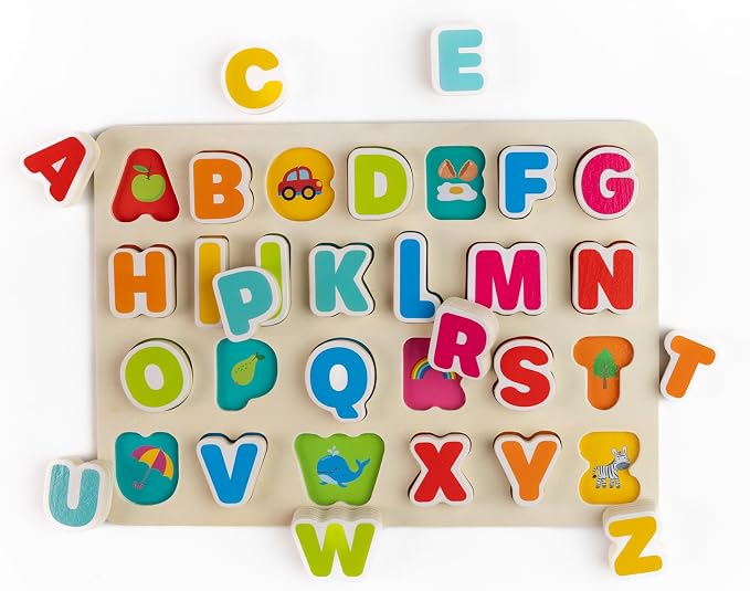 Jasey's Toy Chest Wooden Alphabet Puzzle | ABC Letter Learning Puzzle with Easy-Grip Pieces | Preschool Educational Toy for Toddlers Ages 18+ Months