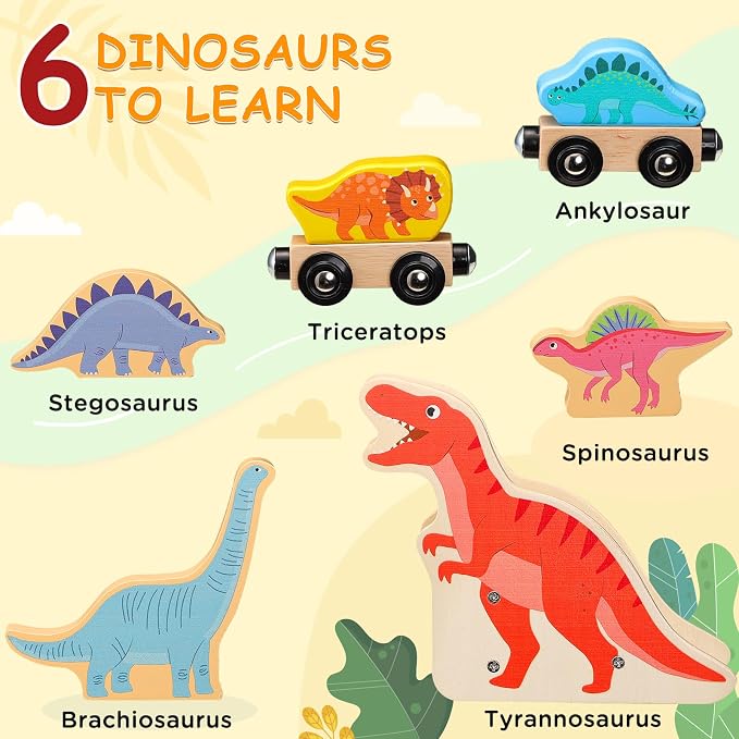 SainSmart Jr. Wooden Train Set Dinosaur Theme, Train Toys with 6 Kinds of Dinosaurs, Dinosaur Train Compatible with Brio, Thomas, Melissa & Doug – Perfect Wood Toy for Boys and Girls