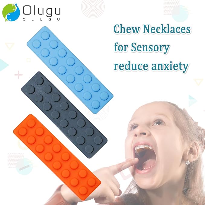 Olugu Chewing Necklace for Kids Sensory, Blocks Sensory Necklace for Chewing Boys Girls with Autism, ADHD, Teething, Biting, Chewing Needs, Silicone Chewy Necklace Sensory for Reduce Anxiety -7 Pack