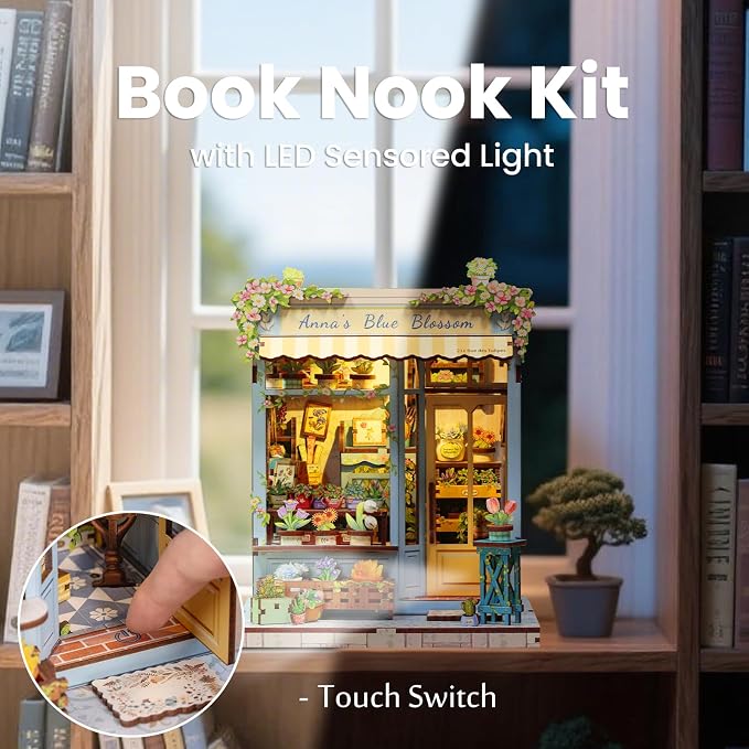 Fsolis Book Nook Kit - DIY Scene Miniature Kit for Adults, Booknook 3D Puzzles 255PCS, Tiny House Mini Flower Shop Model Bookshelf Trinkets, Gifts for Women Puzzle Lovers (Anna's Blue Blossom)
