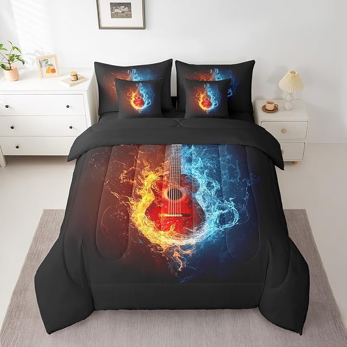 Feelyou Guitar Comforter Set with Sheets King Size Rock Music Bed in a Bag for Boys Girls Teens Black Orange Blue 7 Pieces Bedding Set Soft Lightweight Microfiber