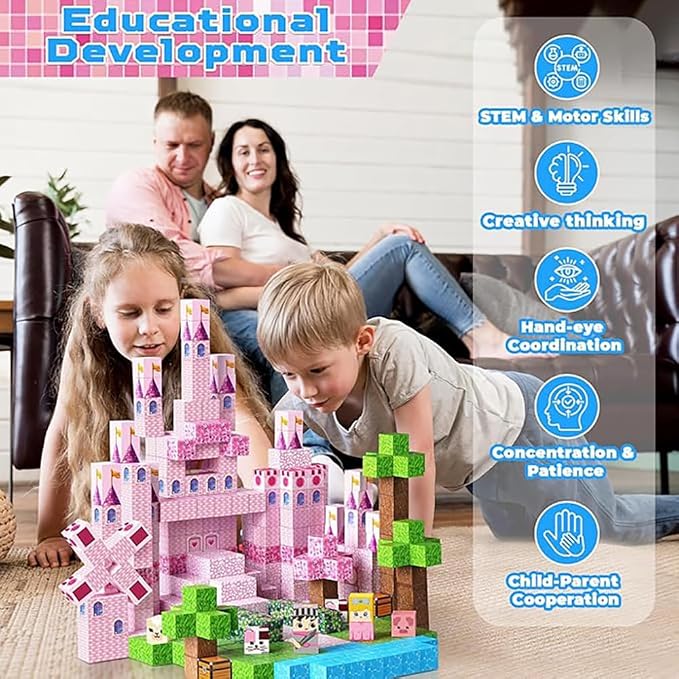 Pink Magnetic Building Blocks Magnetic Building Tiles Toys for Boys Girls Age 3+，Creative Plastic Magnet Square Gift for Kids Pink Castle 100PCS