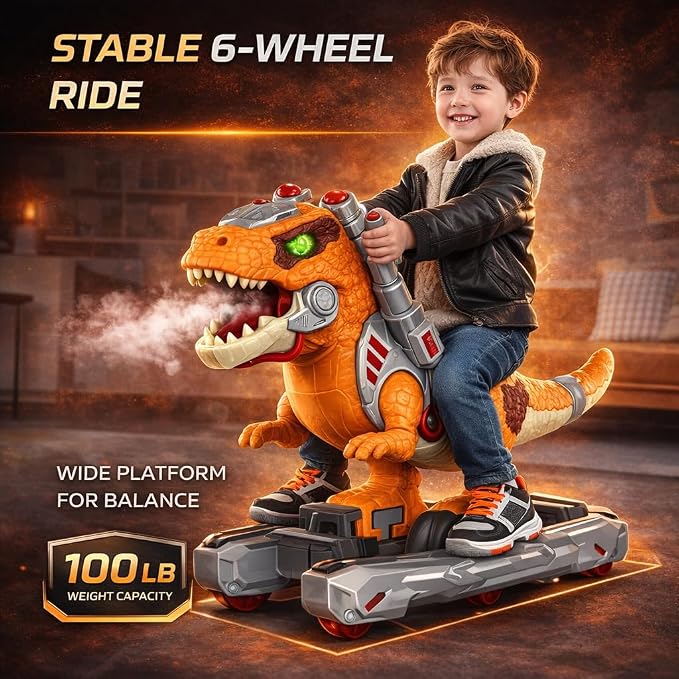 Dinosaur Ride On Push Car for Little Kids, Battery Operated Push & Ride Electric Foot-to-Floor Sliding Rideable Toy Scooter with Music, Light & Smoke for Toddlers