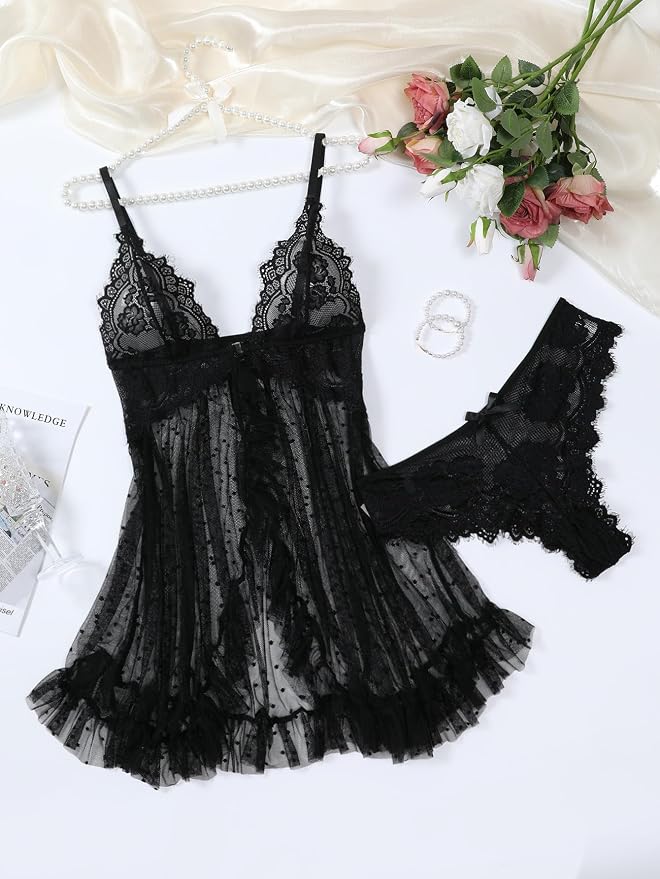 Foxiny Sexy Open Front V Neck Ruffle Sheer Mesh Lace Wireless Babydoll Lingerie Dress with Thong 2 Piece