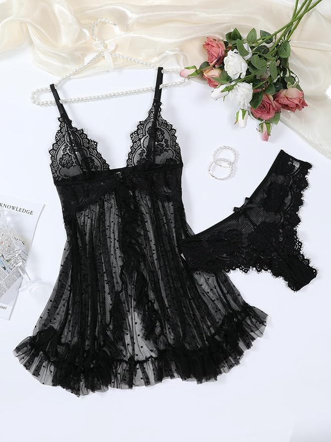 Foxiny Sexy Open Front V Neck Ruffle Sheer Mesh Lace Wireless Babydoll Lingerie Dress with Thong 2 Piece