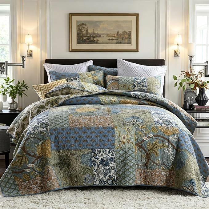 Cotton Bedspread Quilt Bedding Sets 3 Pieces Reversible Coverlet Sets Comforters Rustic Paisley Floral Patchwork Sage Green Bedspread, King Size