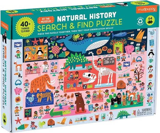 Mudpuppy Natural History Museum — 64 Piece Search & Find Puzzle Jigsaw Puzzle Featuring Present Day and Prehistoric Animals and Over 40 Hidden Images to Find for Ages 4+